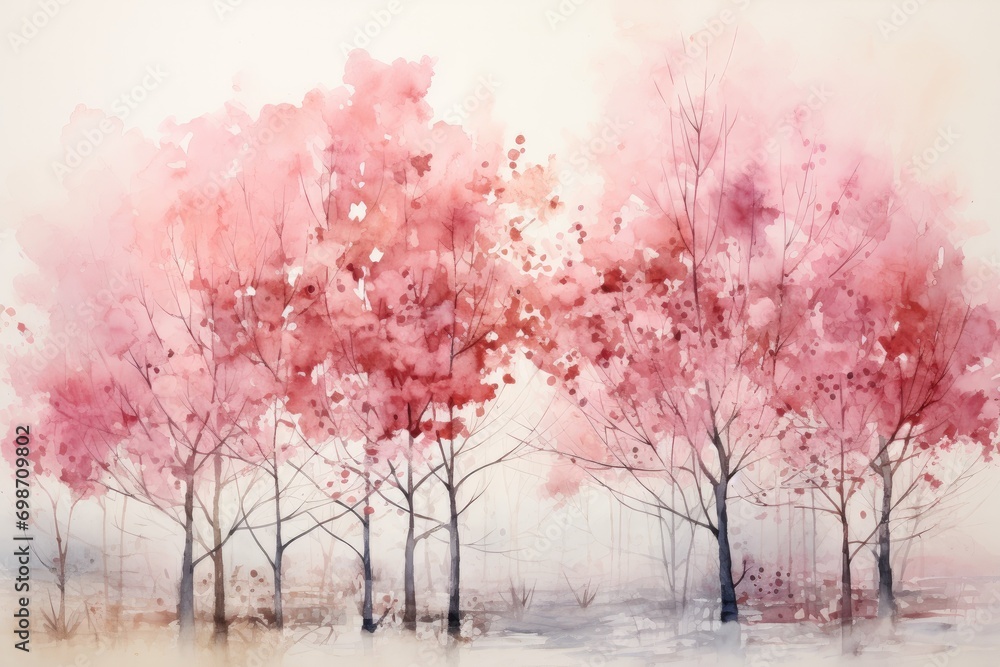 Obraz na plátně two pink trees are shown in the mist under a sun