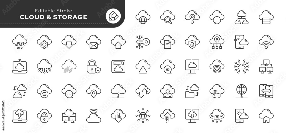 Set of line icons in linear style. Series - Cloud and Storage.Digital database, protection, transmission and retrieval of information, server. Outline icon collection. Conceptual pictogram - obrazy, fototapety, plakaty 