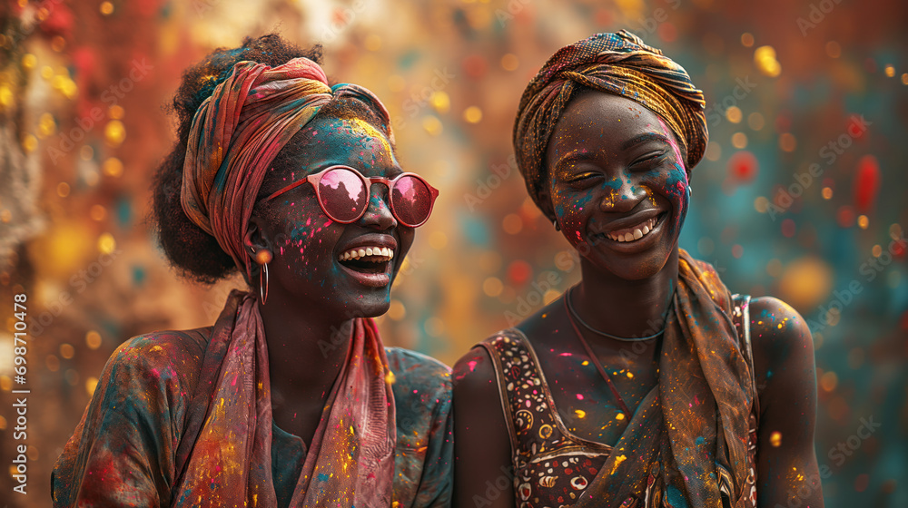 Fototapeta premium Happy, laughing couple celebrating Holi in India