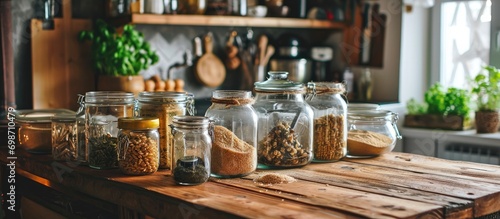 Eco-friendly kitchen with sustainable home grocery storage and zero plastic house, featuring glass jars filled with grains, pasta, nuts, and sugar on the kitchen table.
