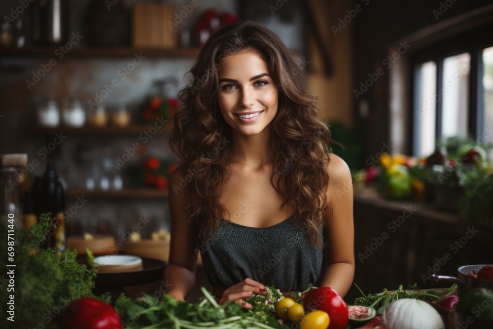 Young smiling woman on kitchen, vegetables healthy