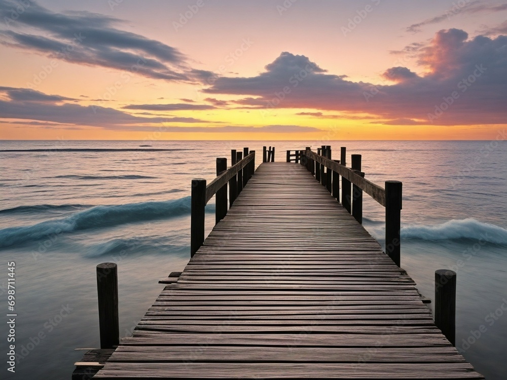 Wooden pier on the beach at beautiful sunset in the evening - obrazy, fototapety, plakaty 