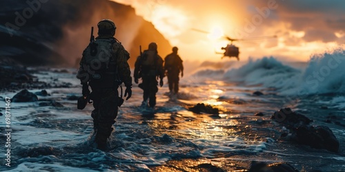 A group of soldiers walking in the water, rescue operation on a stormy sea with rescue workers and helicopter photo
