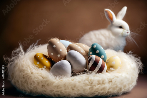 Um ninho de pêlos brancos com ovos coloridos e um coelho branco peludo ao fundo. photo