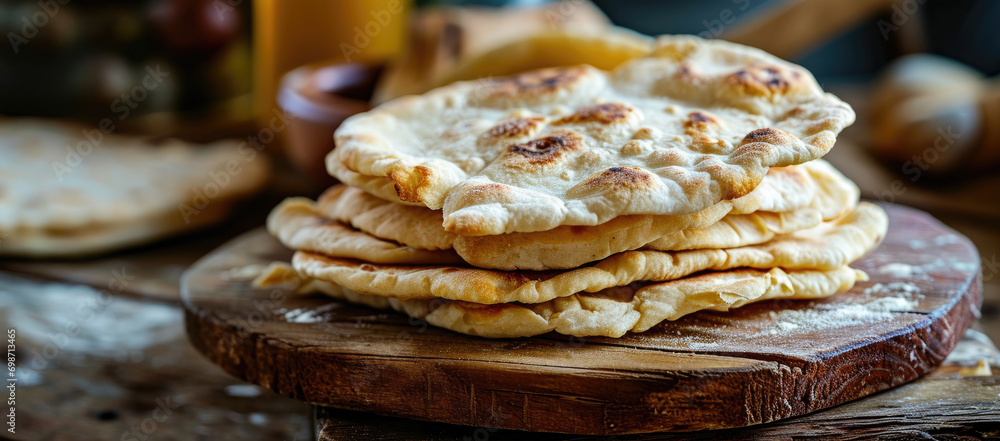Flatbreads, ciabatta, pita made with flour and dough on a wooden tray