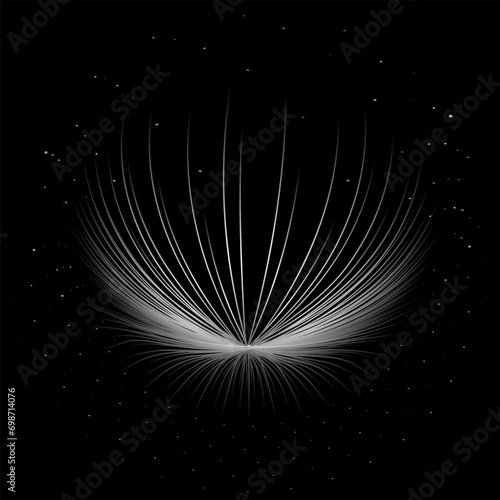 Geometric lines in circle or round shape. Stylized sun or fireworks. Rays radiating from a central object or source of light. White lights on black background. Vector illustration.