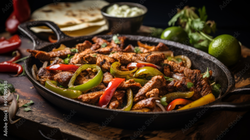 Fajitas with colorful bell peppers in pan a Fajitas with colorful bell peppers in pan a