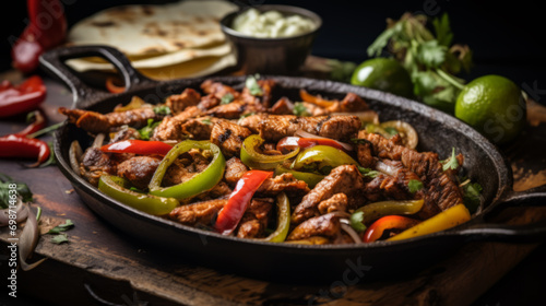 Fajitas with colorful bell peppers in pan a