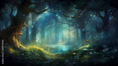 An ethereal forest scene with misty trees and fireflies, suitable for a magical vector background.