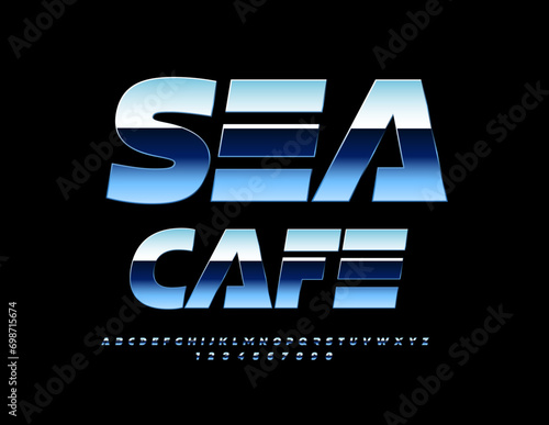 Vector Silver Sign Sea Cafe. Futuristic style Font. Trendy Chrome Alphabet Letters and Numbers