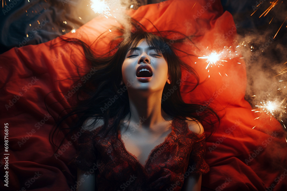 Young Asian woman having orgasm. Beautiful woman with open mouth and closed eyes enjoying sex