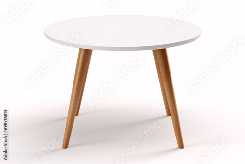 A petite, white, three-legged circular table is situated on a pristine white background.