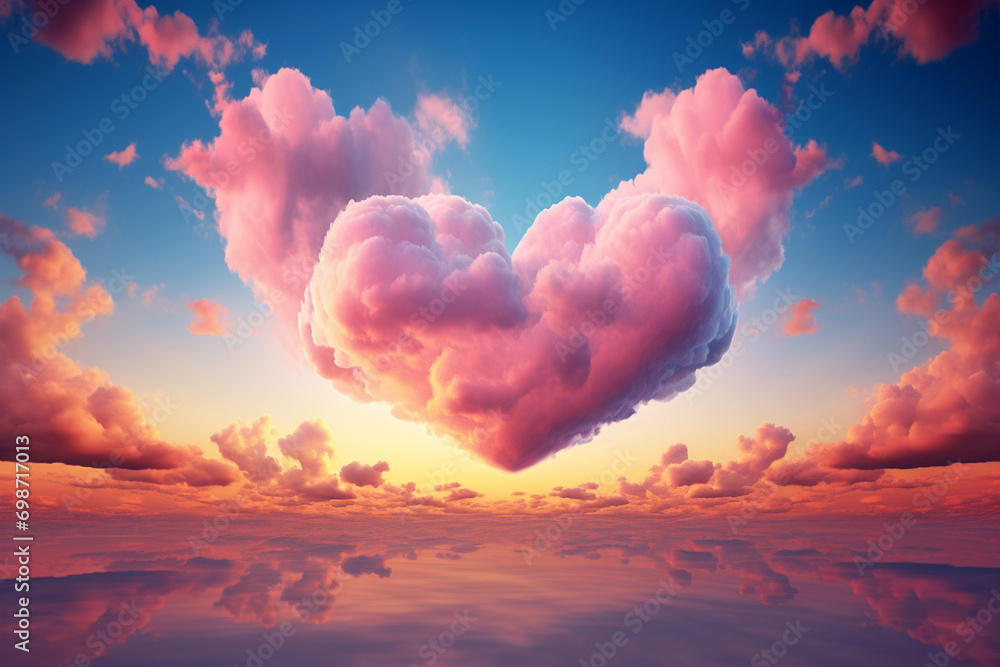 Heart shaped cloud in the sky. Flying clouds with heart shape. Love, romantic and wedding concept. Happy Valentine's day cart, love is in the air, fantasy weather lovely background - obrazy, fototapety, plakaty 