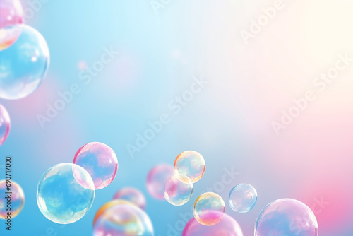 Soap bubbles floating in the air on pastel gradient background. Iridescent bubbles. Dreaming, fun and joy concept. Abstract pc desktop wallpaper. Cleaning and washing theme