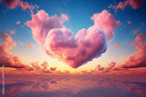 Heart shaped cloud in the sky. Flying clouds with heart shape. Love, romantic and wedding concept. Happy Valentine's day cart, love is in the air, fantasy weather lovely background photo