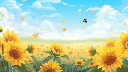 A field of vibrant sunflowers with bees buzzing around, ideal for a summery vector background.