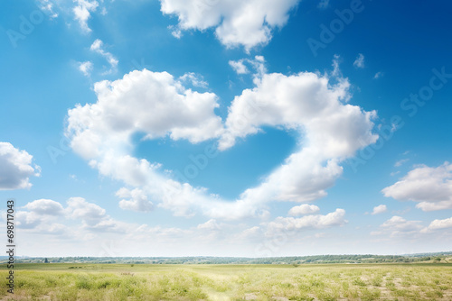 Heart shaped cloud in the sky. Flying clouds with heart shape. Love, romantic and wedding concept. Happy Valentine's day cart, love is in the air, fantasy weather lovely background