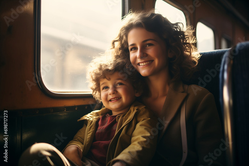 A woman accompanied by a child is seated by the train window, journeying together