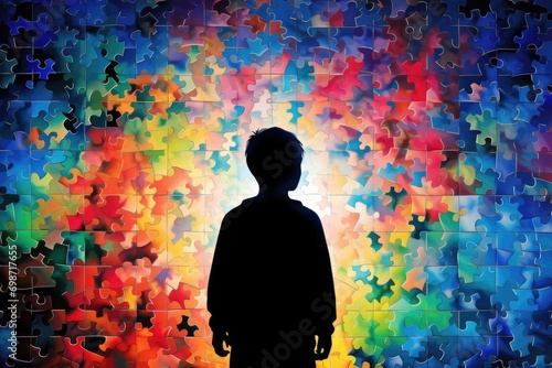 World Autism Awareness Day, the silhouette of a child against the background of a multi-colored puzzle piece photo