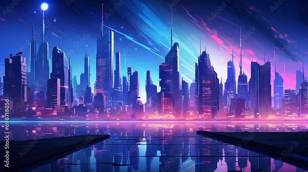 A futuristic cityscape with towering skyscrapers and neon lights, great for a sci-fi-inspired vector background.