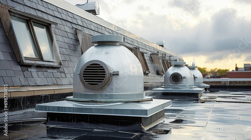 A couple of air vents sitting on top of a roof, a roof vent system