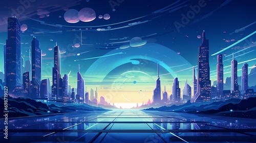 A futuristic metropolis with sleek skyscrapers and flying cars, ideal for a sci-fi-inspired vector background.