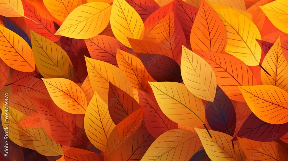 A pattern of colorful autumn leaves against a warm, golden backdrop, perfect for a fall-themed vector background.