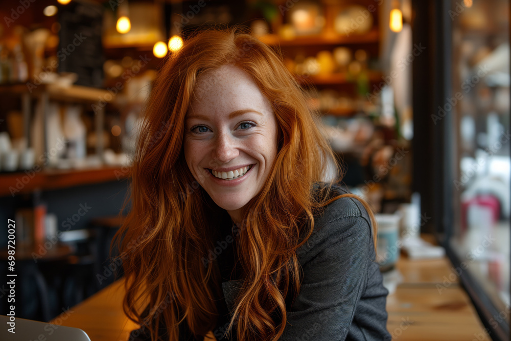 Joyful Café Owner Engaged with Laptop Joyful Café Owner Engaged with Laptop