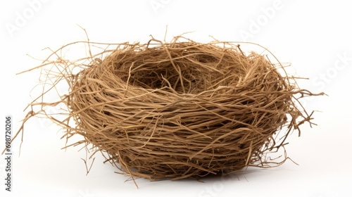 empty bird's nest made of straw on a white background isolated.