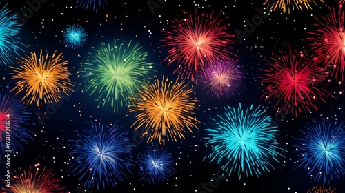 A pattern of colorful fireworks lighting up the night sky, great for a celebratory vector background. © Sajawal