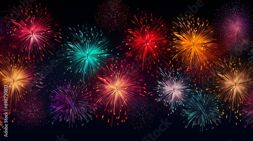 A pattern of colorful fireworks lighting up the night sky, great for a celebratory vector background.