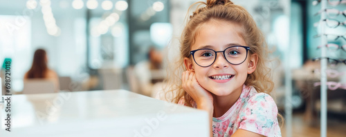 une petite fille souriante avec des lunettes de vue chez un opticien photo