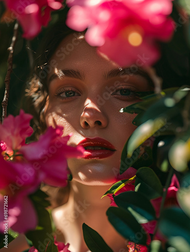 Portrait of woman emerging from a flower, petals for lips, leaves as clothes