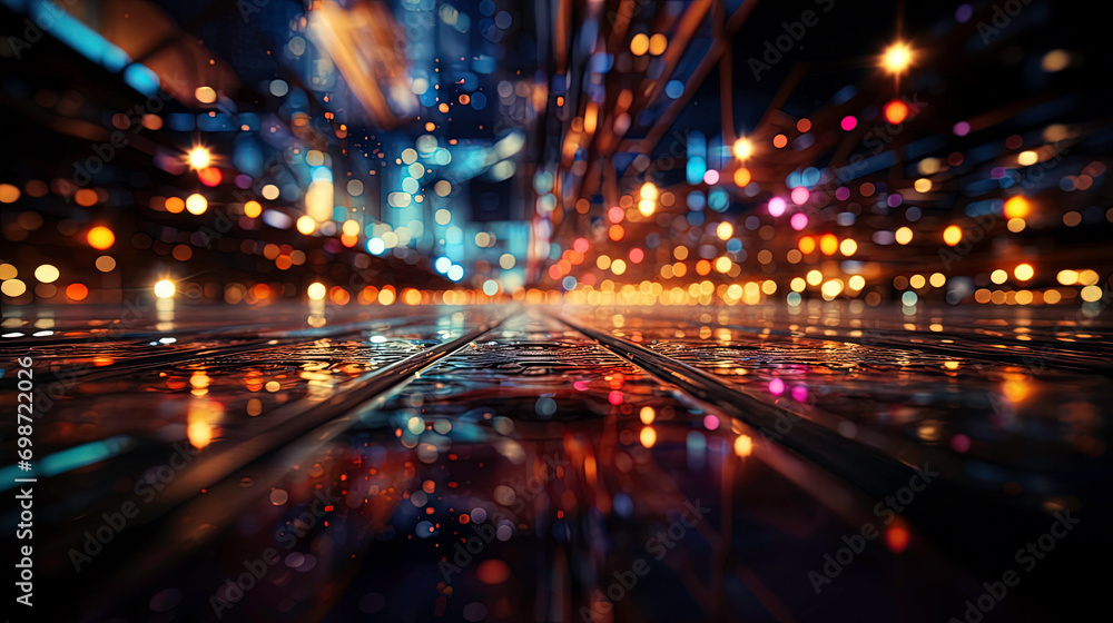 Laser beams and bokeh abstraction raise the view from the floor move the vanishing line downwards, raise the camera, to add club disco elements standing on the floor show the starry sky