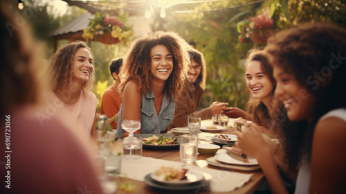 Portrait of diverse group of african amaerican friends enjoying delicious meal outdoor  multi cultural multi ethnic gathering