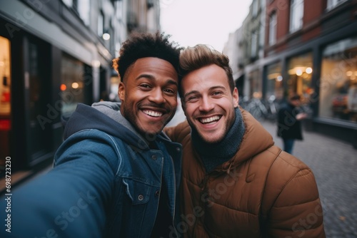Young diverse male gay couple taking selfie in the city