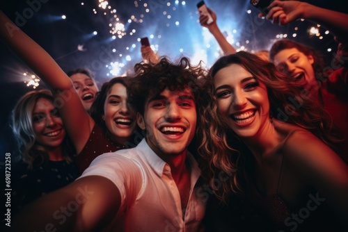 Happy young people taking selfie with fireworks in background