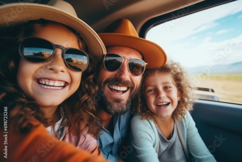 Young family sitting in car going on trip