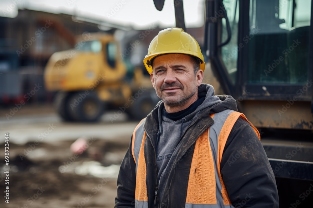 Smiling Portrait of a Construction Worker in Front of Heavy Machinery Smiling Portrait of a Construction Worker in Front of Heavy Machinery