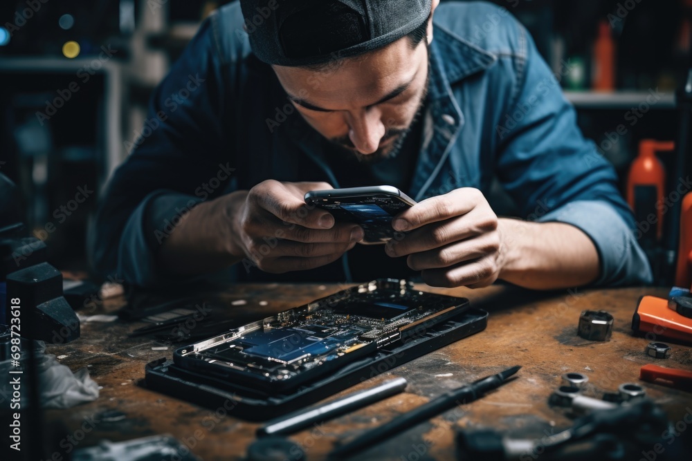 Man repairing smartphone in workshop Man repairing smartphone in workshop