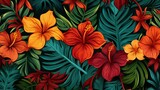 A repeating pattern of tropical leaves and exotic flowers, ideal for a botanical-inspired vector background.