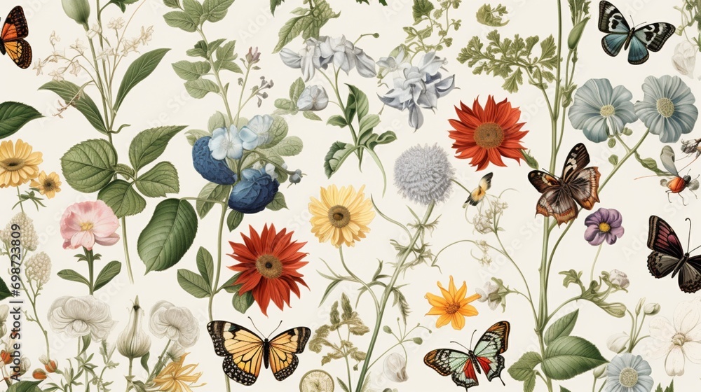 A repeating pattern of vintage botanical illustrations with intricate details, great for a nature-inspired vector background.