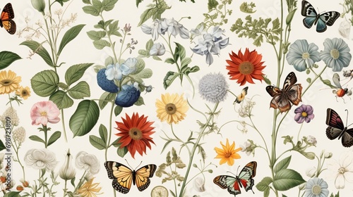 A repeating pattern of vintage botanical illustrations with intricate details, great for a nature-inspired vector background. © Sajawal