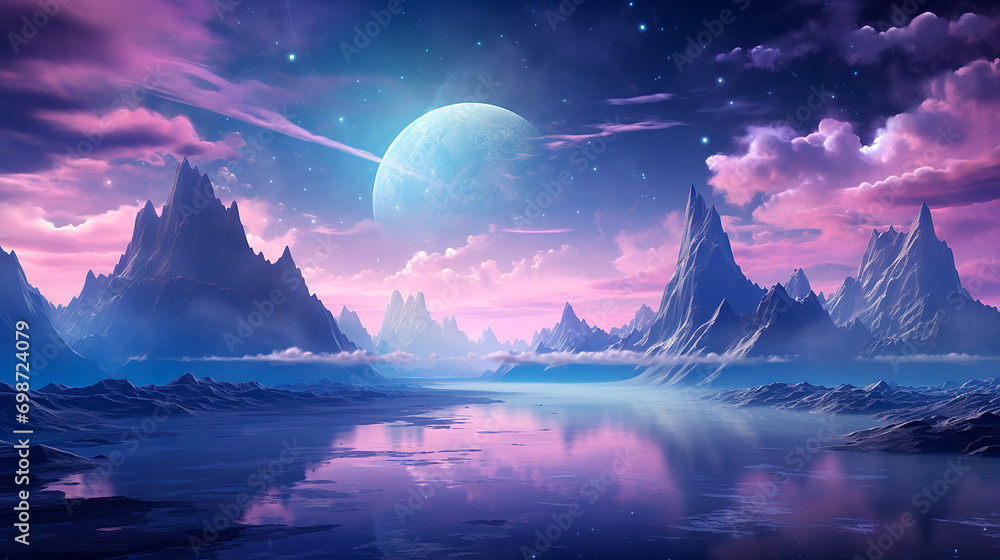 Cosmos Fantástico: Paisaje de Montañas Alienígenas bajo un Cielo Estrellado y una Luna Gigante - obrazy, fototapety, plakaty 
