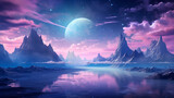 Cosmos Fantástico: Paisaje de Montañas Alienígenas bajo un Cielo Estrellado y una Luna Gigante