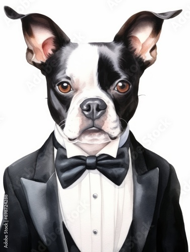 Boston Terrier with Tuxedo Coat Watercolor Illustration on White Background AI Generated