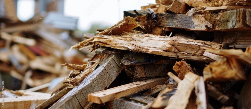 Wood waste stack at demolition. Wood waste stack at demolition.