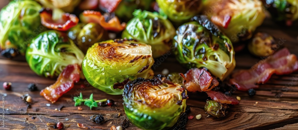 Grilled Brussel Sprouts and Bacon on a wooden table