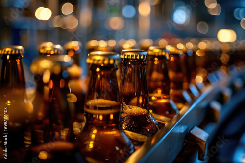 glass beer bottle conveyor in a factory  bottling beer into bottles.