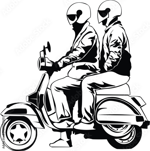Cartoon Black and White Isolated Illustration Vector Of 2 People Riding on A Scooter
